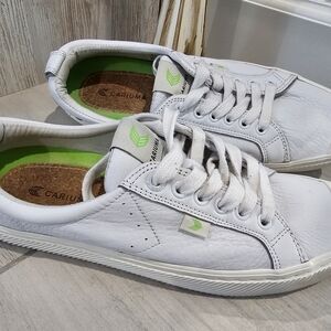 Cariuma White Faux Leather Comfort Sneakers with Green Accents